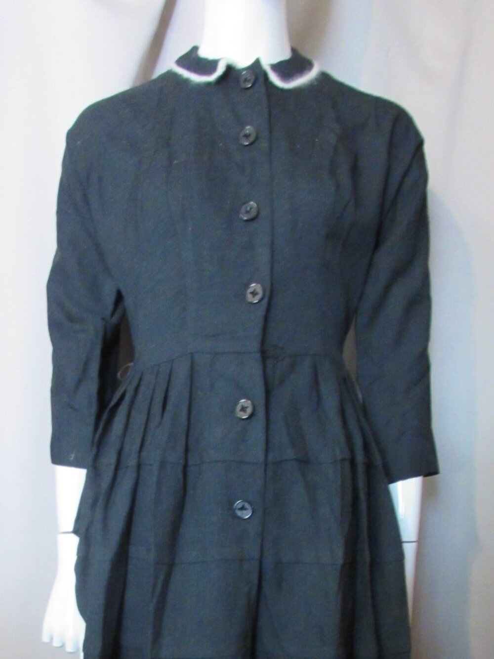 1950 Era Vintage Dress Teena Paige Charcoal Gray White Angora Collar